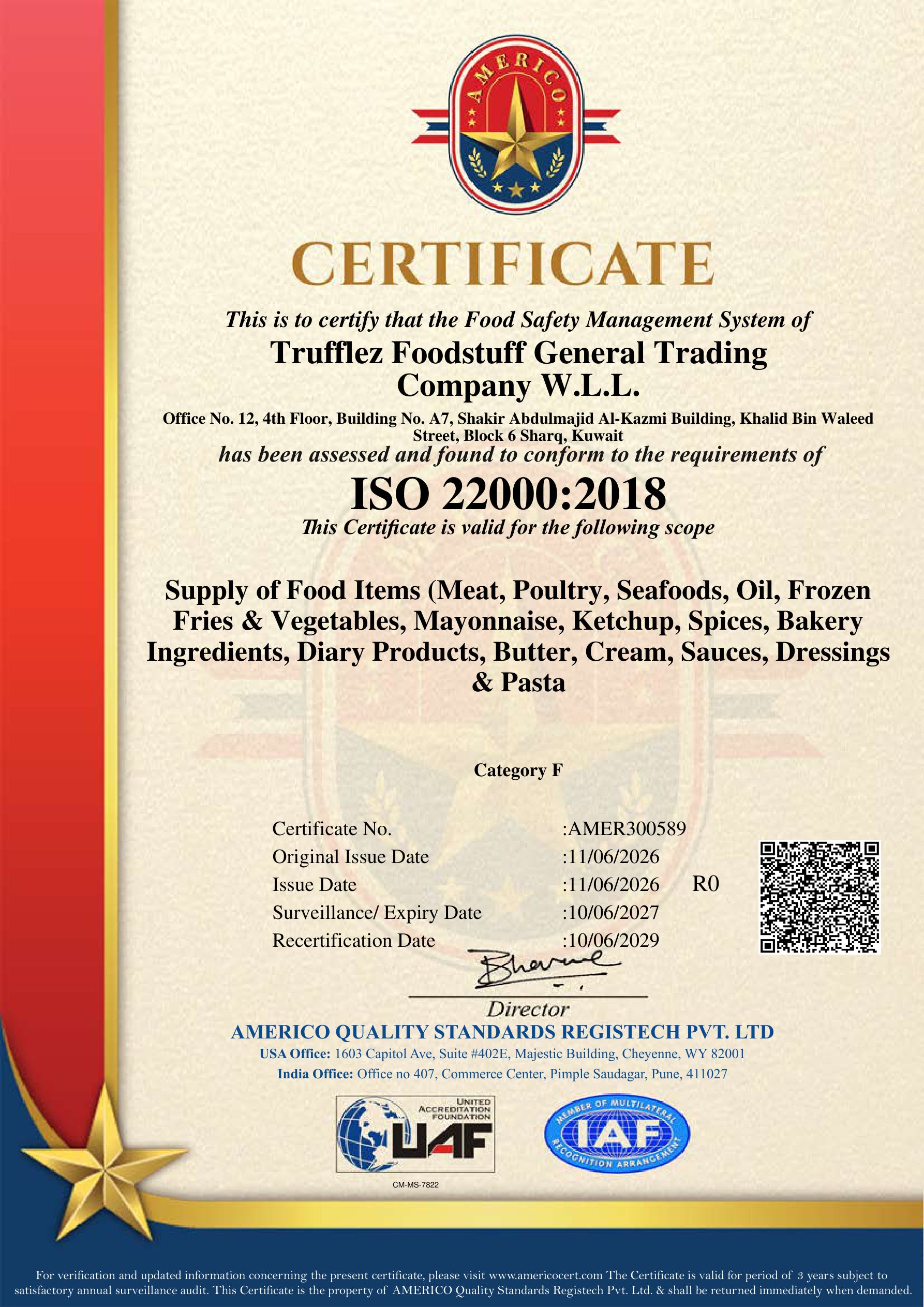 Trufflez ISO 22000:2018 Food Safety Management System certification